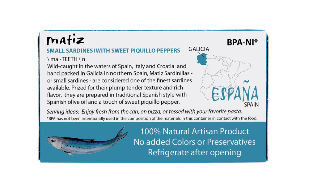 Matiz open tin with sardinillas and oil showcasing ready-to-eat convenience
