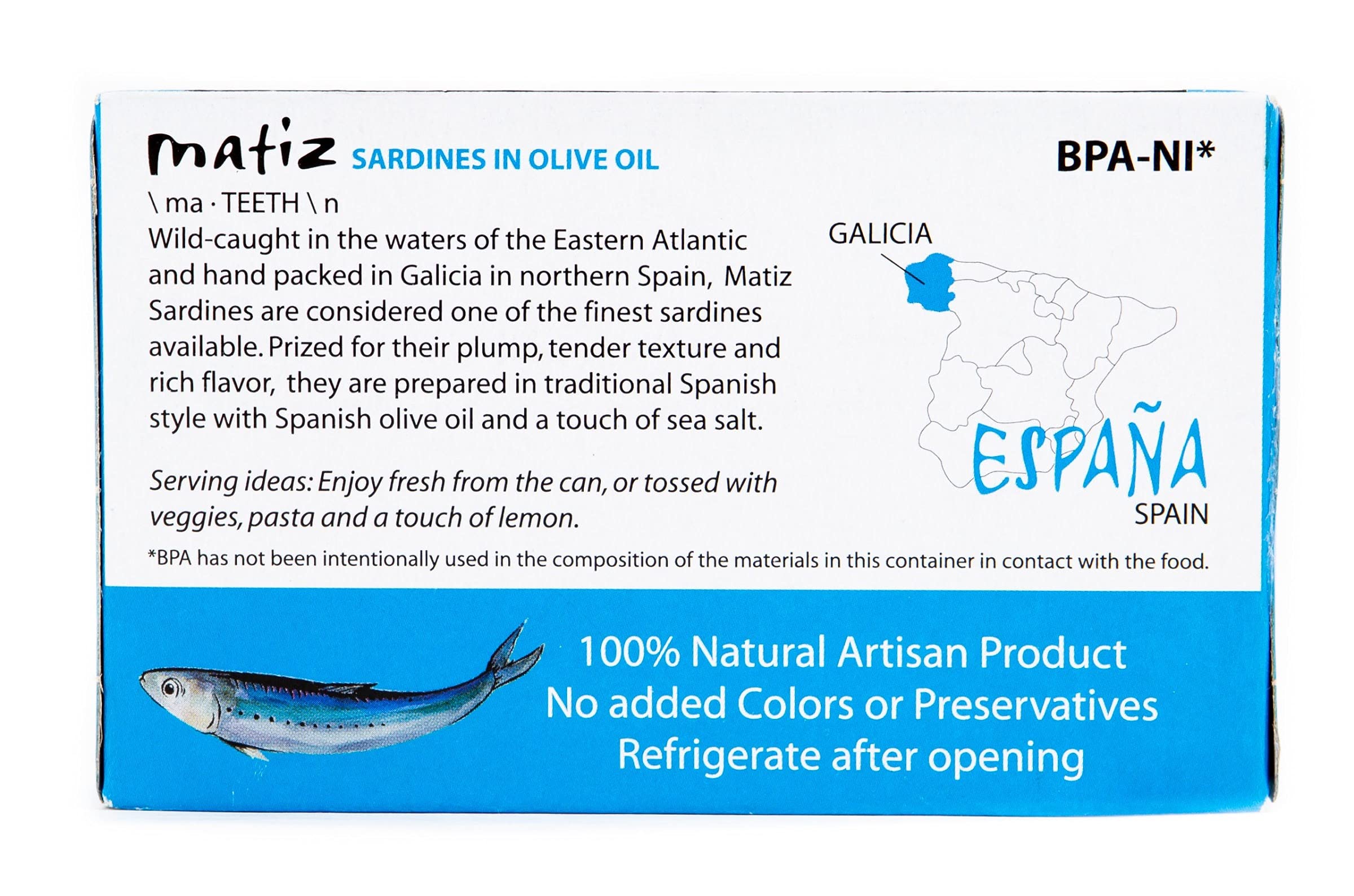 Matiz sardines open can glistening in olive oil showing freshness and flavor
