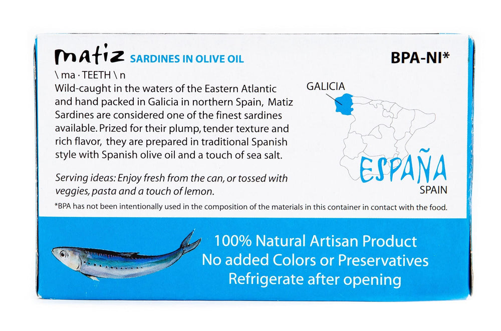 Matiz sardines open can glistening in olive oil showing freshness and flavor