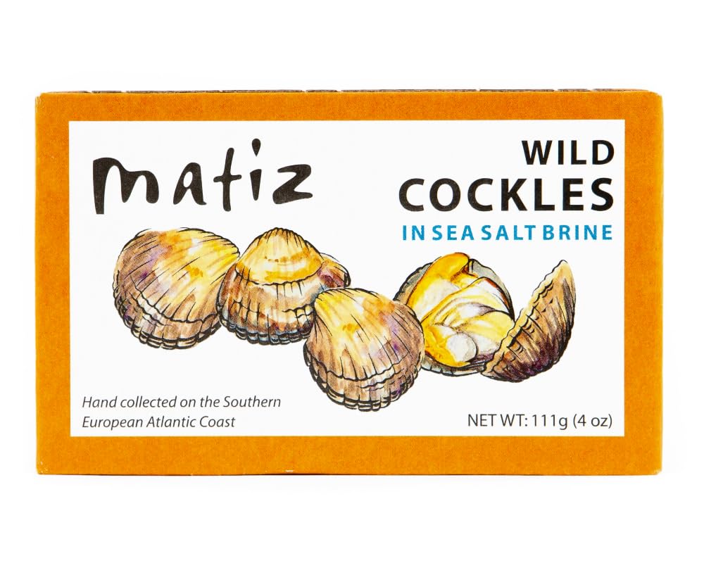 matiz front tin showing wild cockles, convenient ready-to-eat seafood