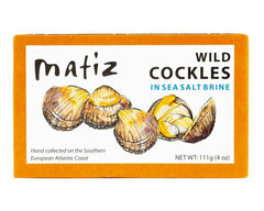 matiz front tin showing wild cockles, convenient ready-to-eat seafood