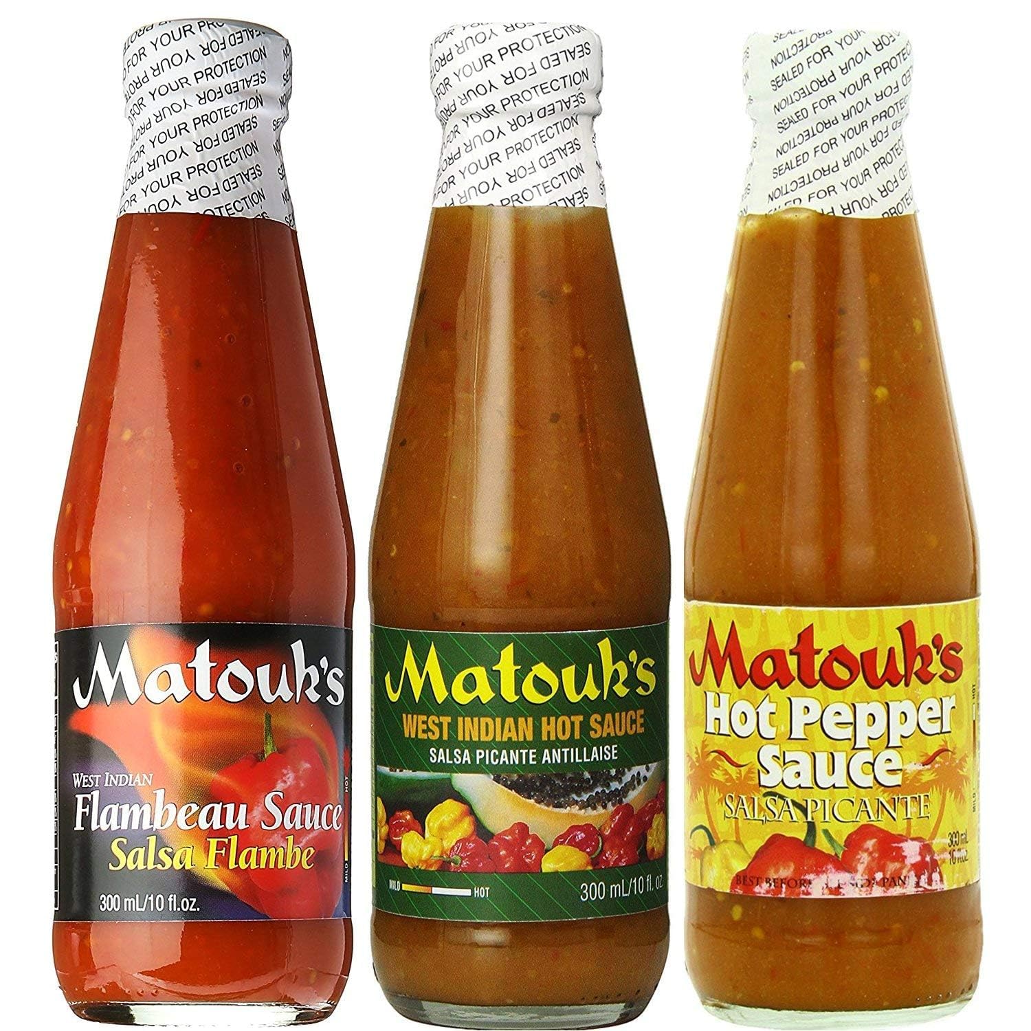 Matouk's three-bottle pack front view showing variety and bold labels, ideal for gifting