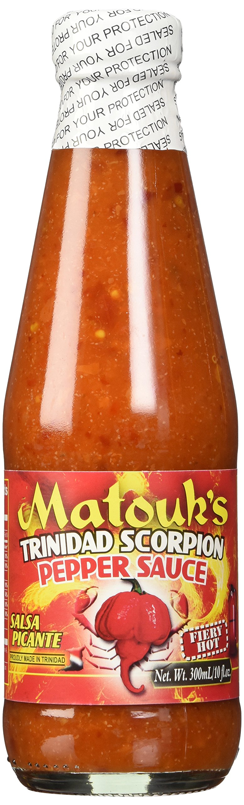 Matouk's bottle front label showing Trinidad Scorpion sauce and bold branding benefit