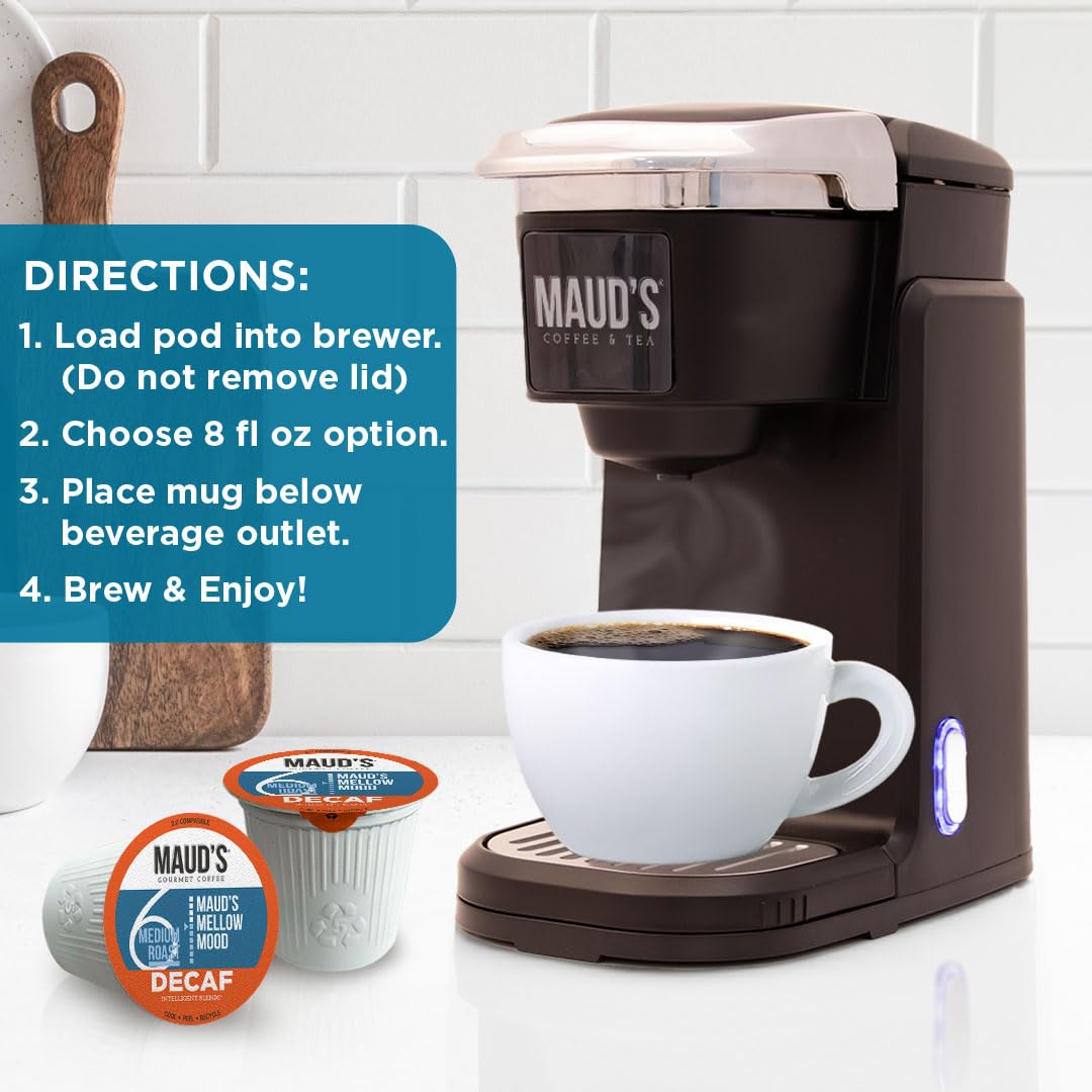 MAUD'S 18 pods beside a mug to show pack size and single-serve portion convenience