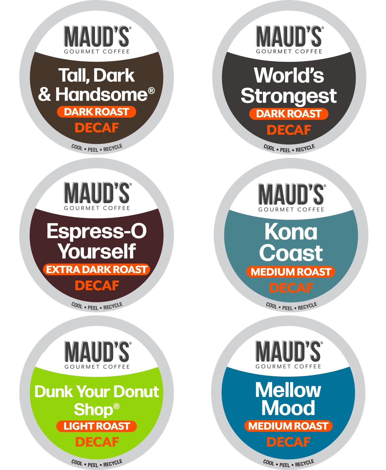 Maud's front packaging view showing 54-count decaf variety pack benefits