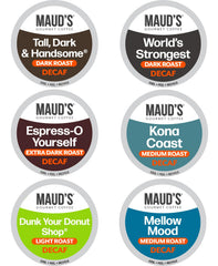 Maud's front packaging view showing 54-count decaf variety pack benefits