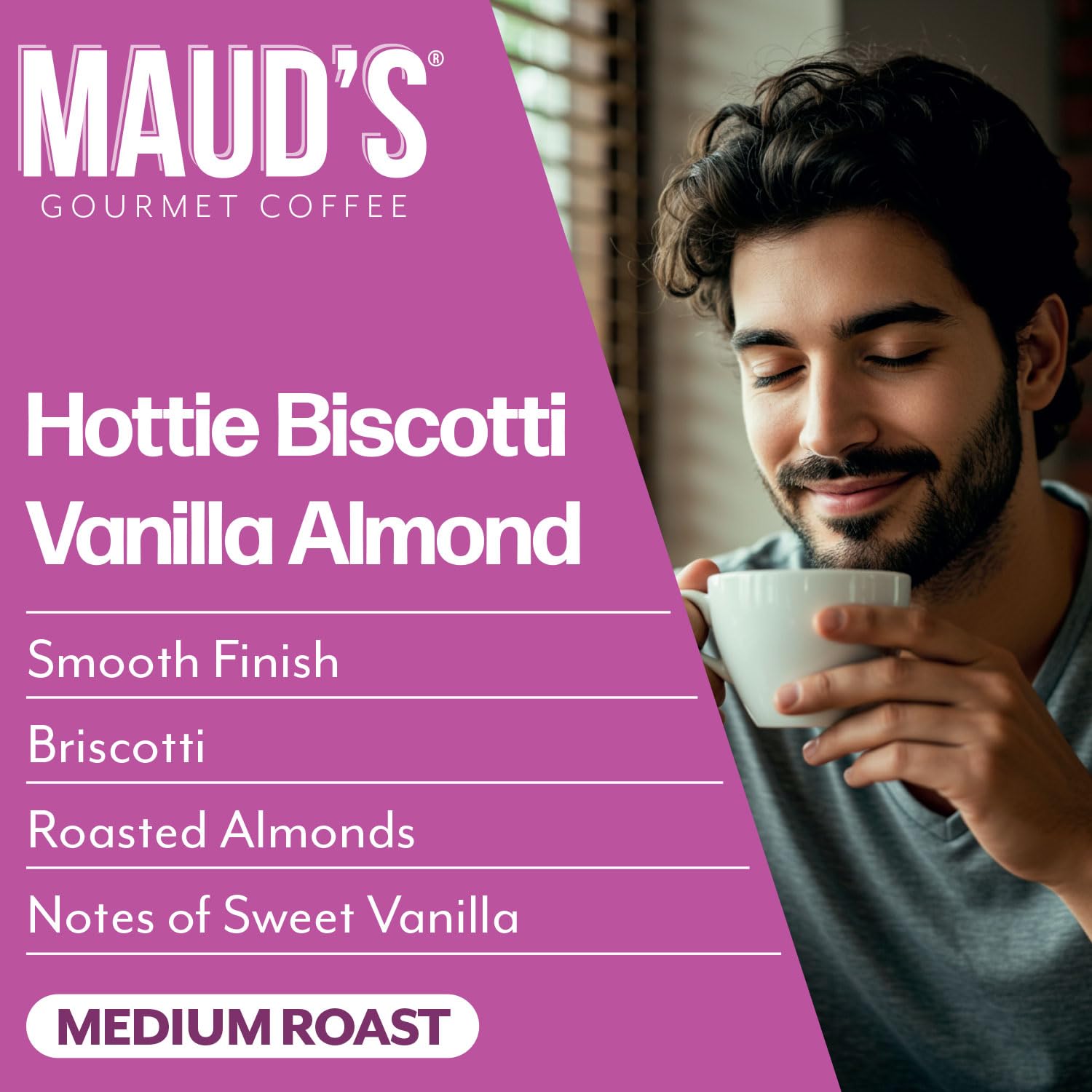 MAUD'S brewed cup pouring coffee highlighting aroma and smooth taste