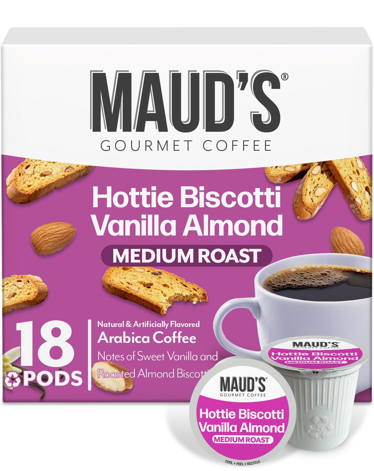 MAUD'S front packaging showing Almond Biscotti 18ct and product benefits