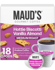 MAUD'S front packaging showing Almond Biscotti 18ct and product benefits