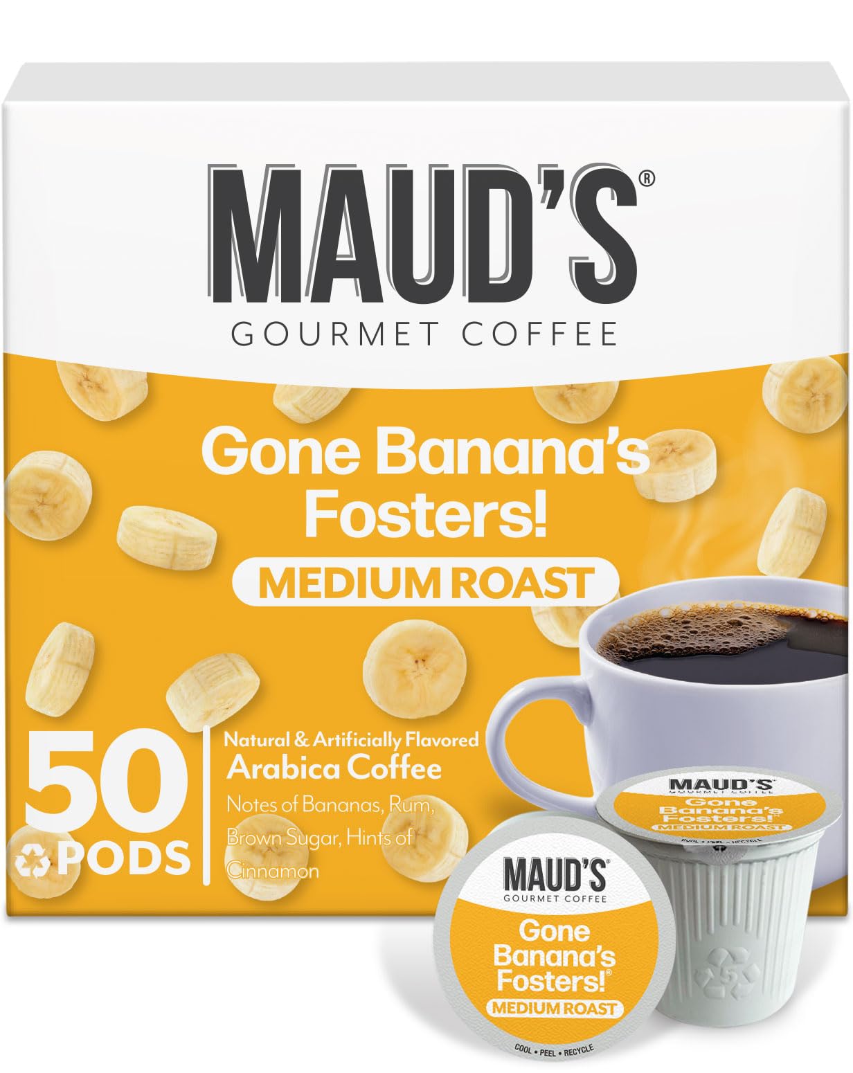 Maud's front packaging displaying 50ct banana flavored pods and convenience