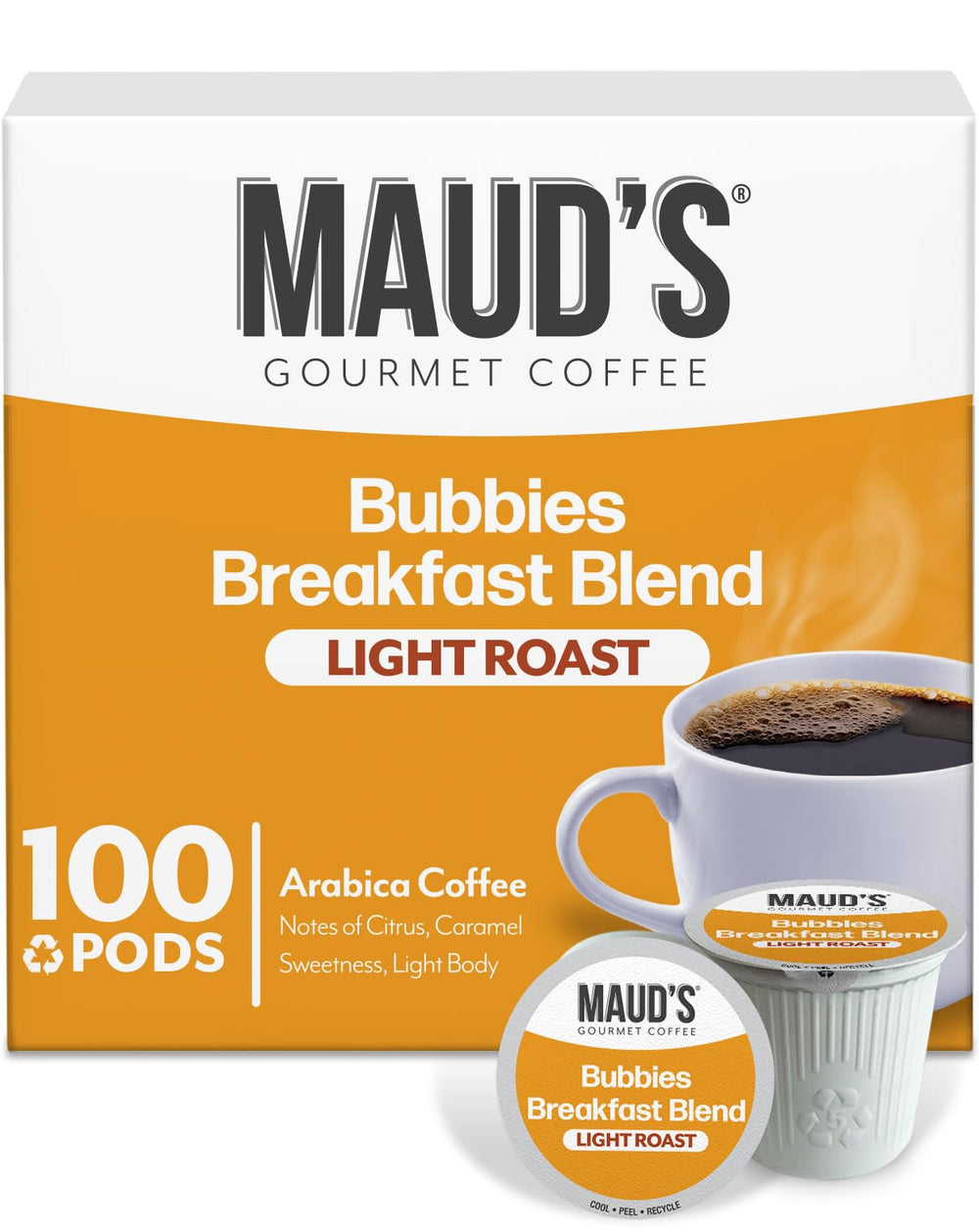 Maud's front packaging showing 100-count box and clear branding with convenient supply benefit