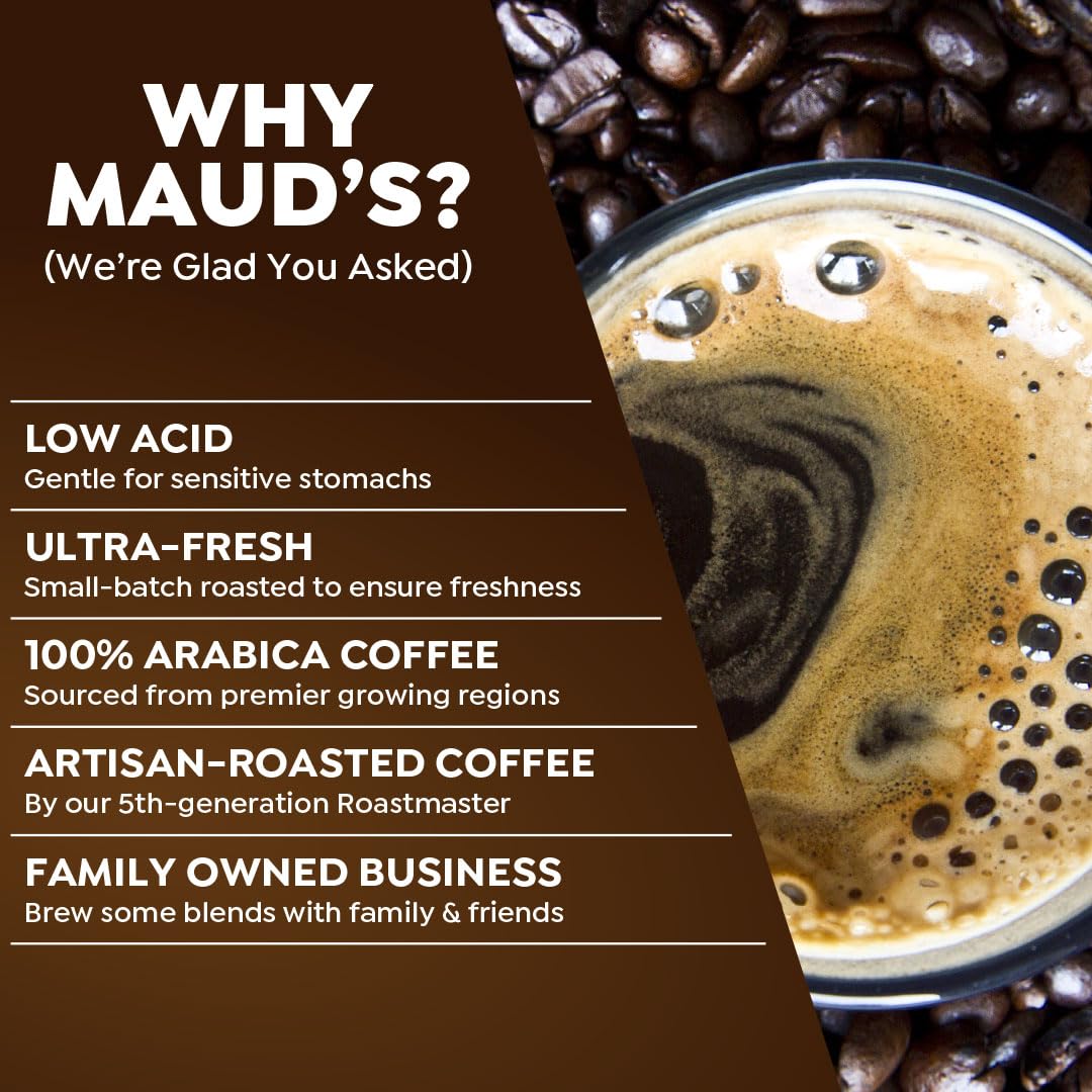 Maud's brewed coffee in cup beside pod showcasing rich crema and smooth mouthfeel