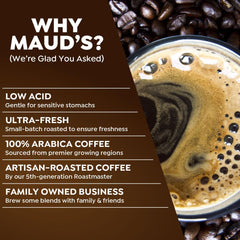 Maud's brewed coffee in cup beside pod showcasing rich crema and smooth mouthfeel
