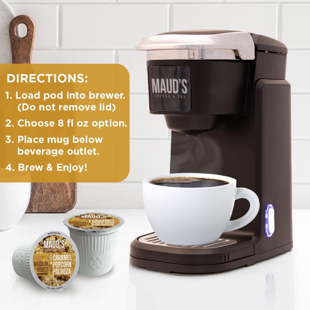 Maud's cup on breakfast table showing flavored coffee enjoyment benefit