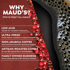 Maud's brewed cup in lifestyle setting showing rich color and fruity aroma benefit enjoyment