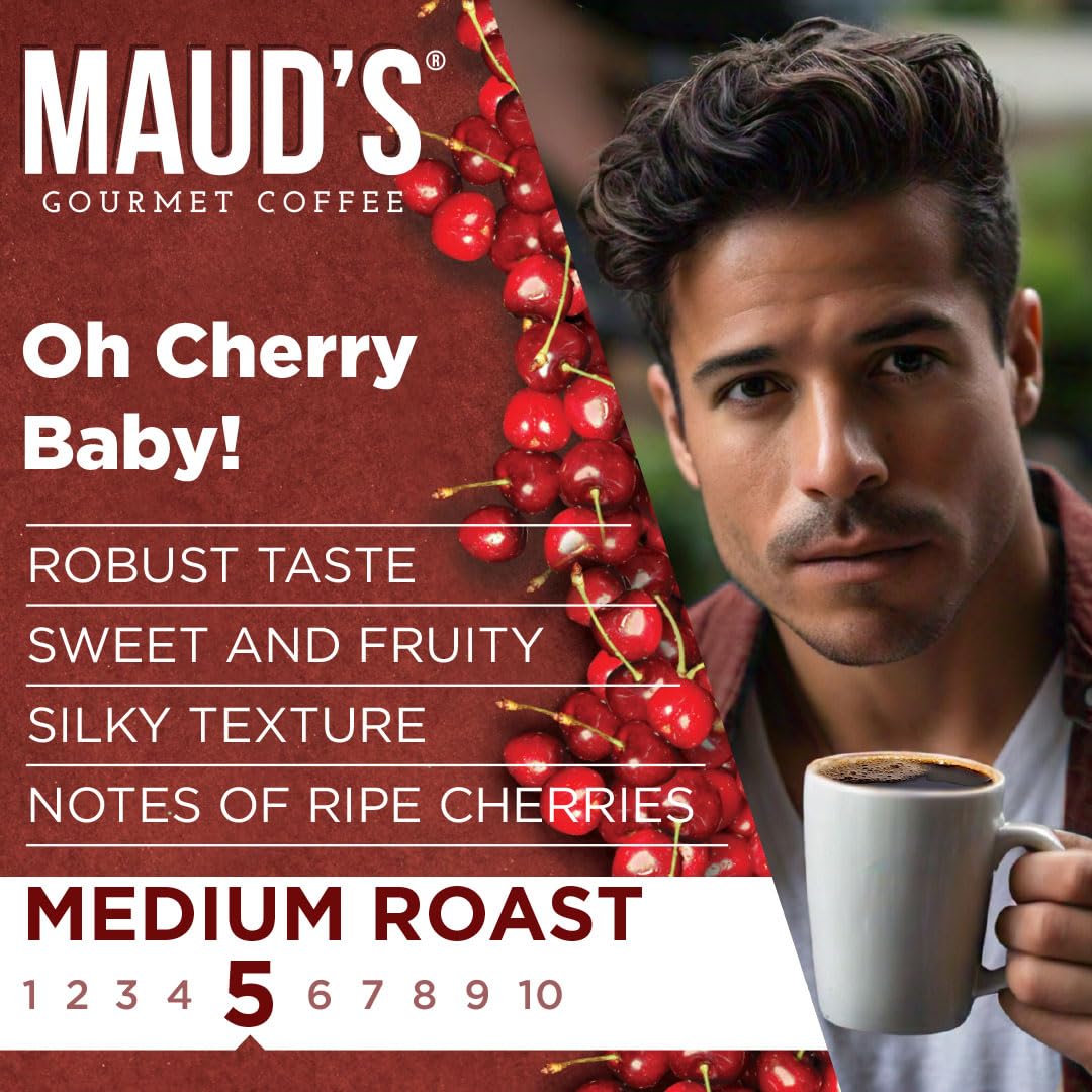 Maud's brewed cup with cherry notes visible, promises smooth flavor