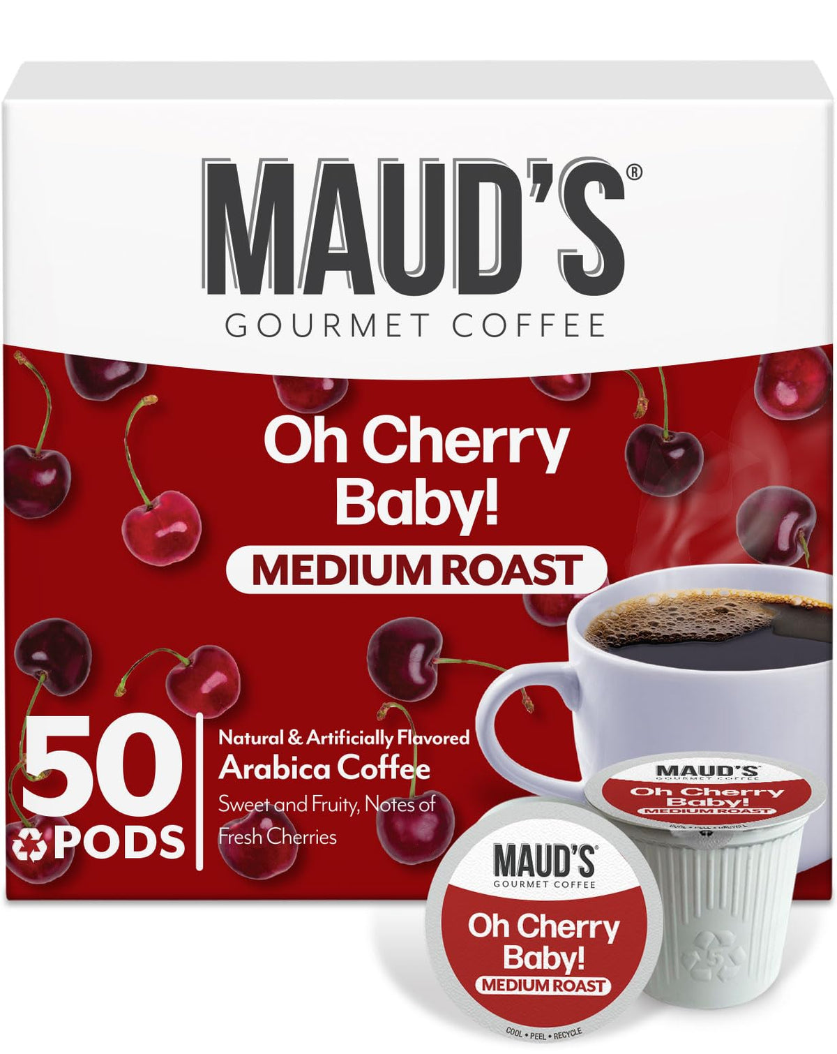 Maud's front packaging showing 50-count cherry pods, highlights convenience