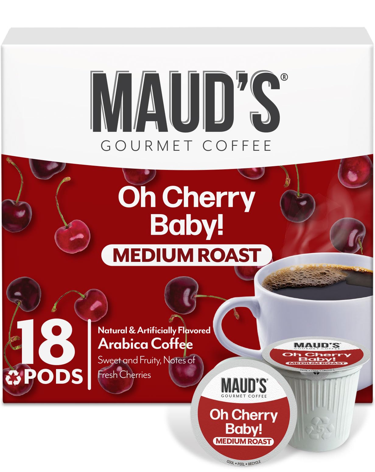 Maud's front packaging showing 18ct pods and bold cherry flavor benefit convenience