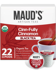MAUD'S front packaging showing 22ct pods and organic cinnamon benefit convenience
