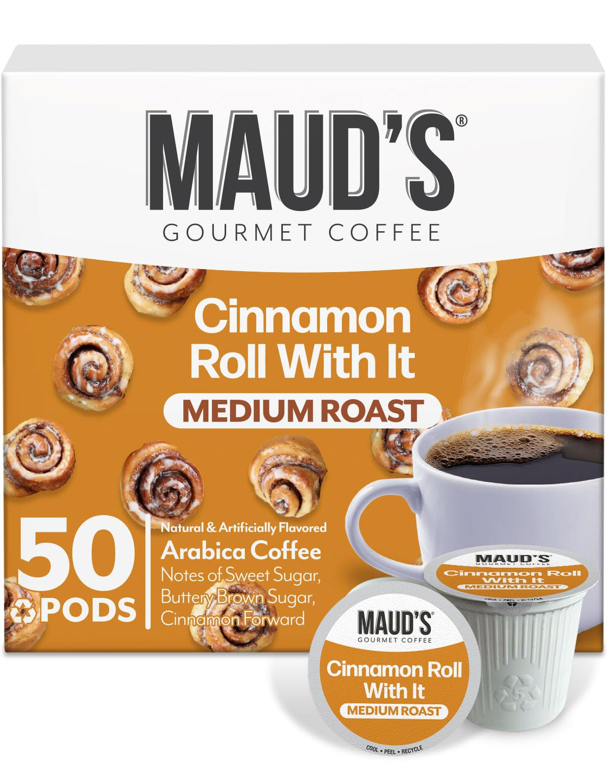 MAUD'S front packaging showing 50-count cinnamon roll pods and clear branding, highlights convenience