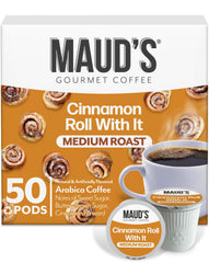 MAUD'S front packaging showing 50-count cinnamon roll pods and clear branding, highlights convenience