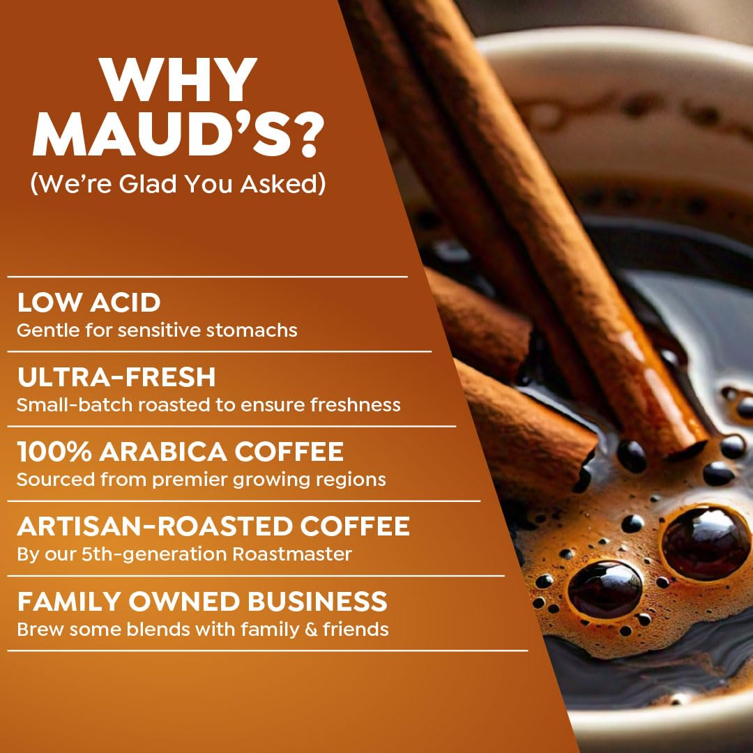MAUD'S coffee beans and cinnamon stick texture shot illustrating quality ingredients and flavor