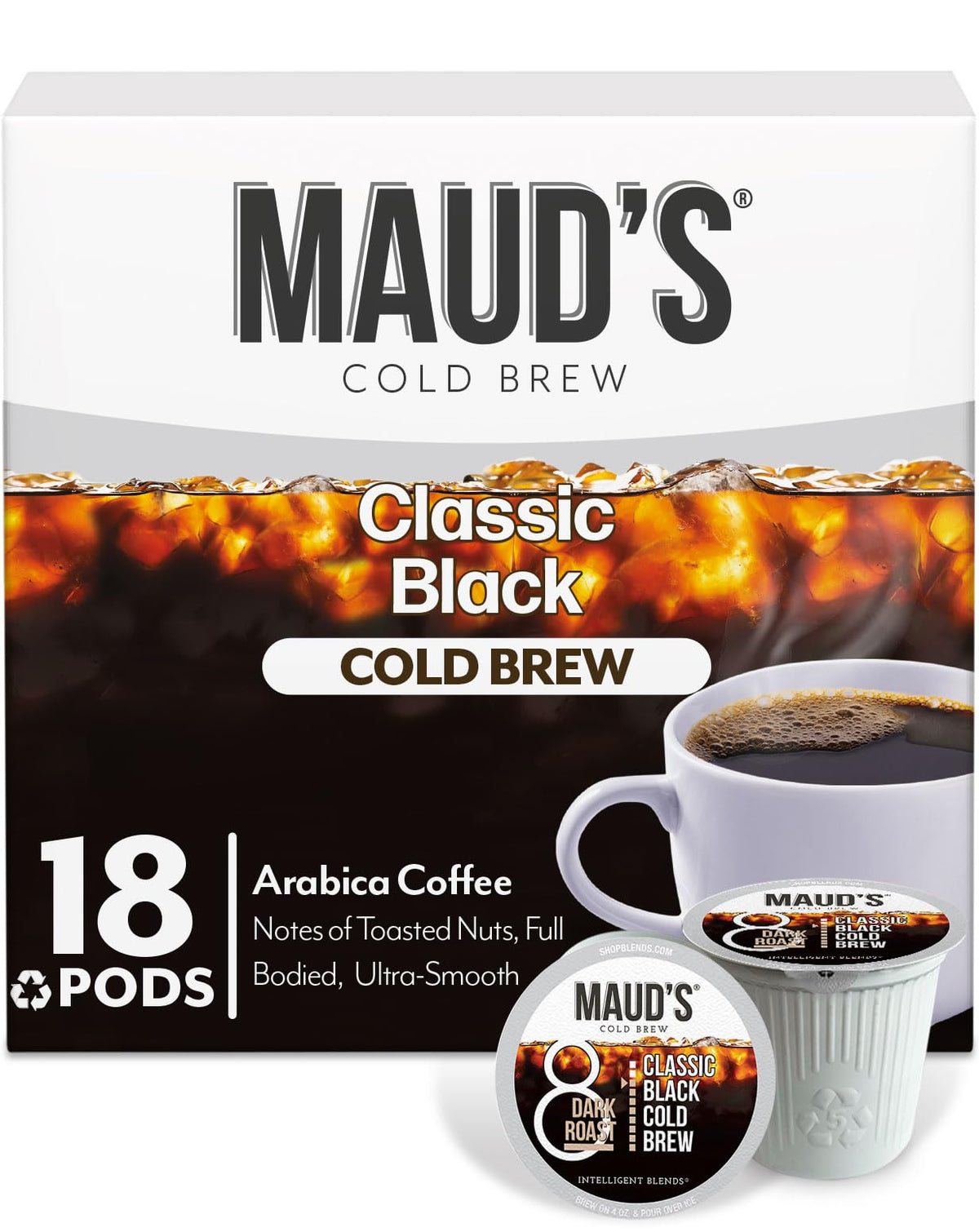 MAUD'S front packaging showing 18-count pods and bold branding, highlights convenience
