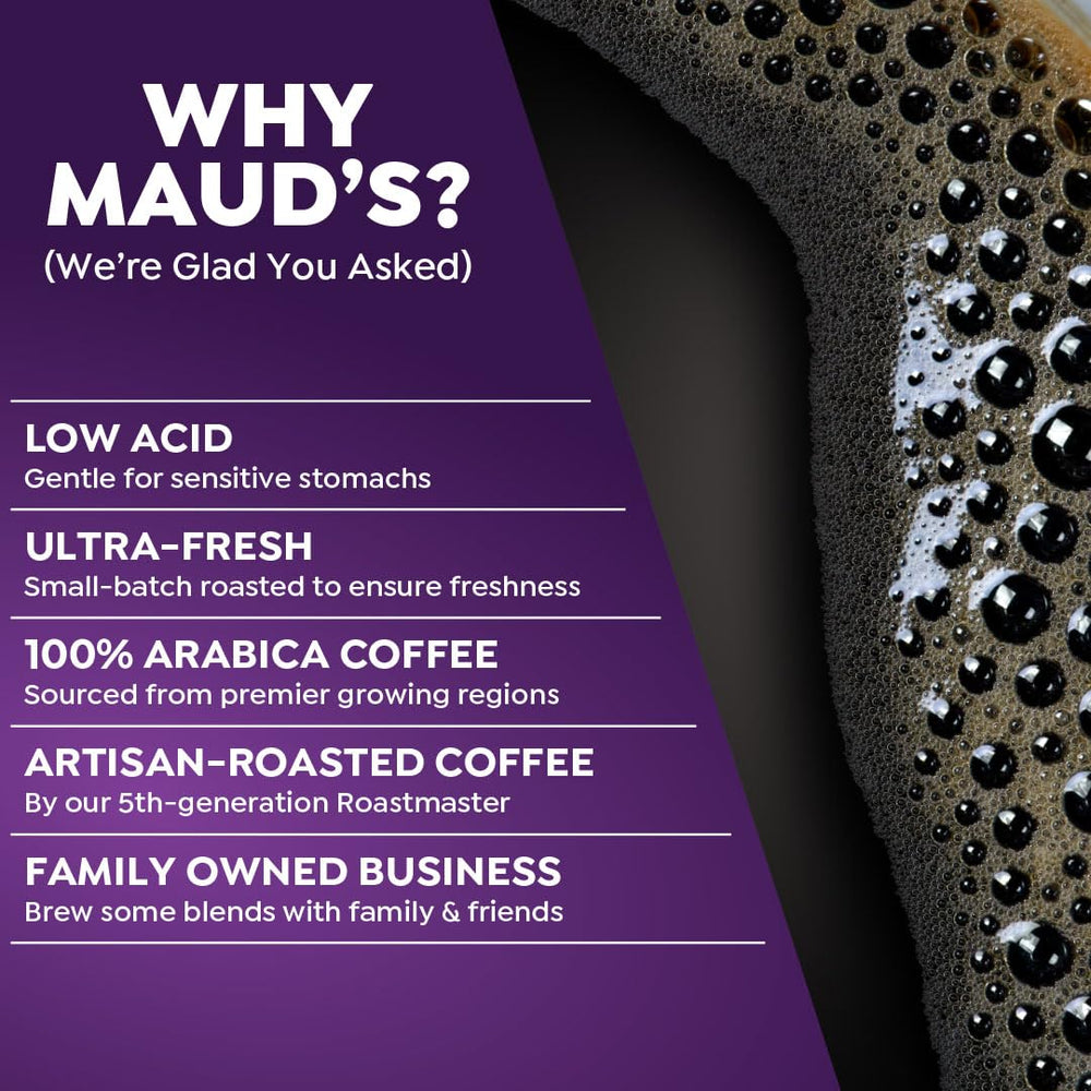 MAUD'S brewed cup on a kitchen counter highlighting inviting aroma and balanced flavor