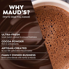 Maud's brewed cup steaming to show deep chocolate aroma and warmth
