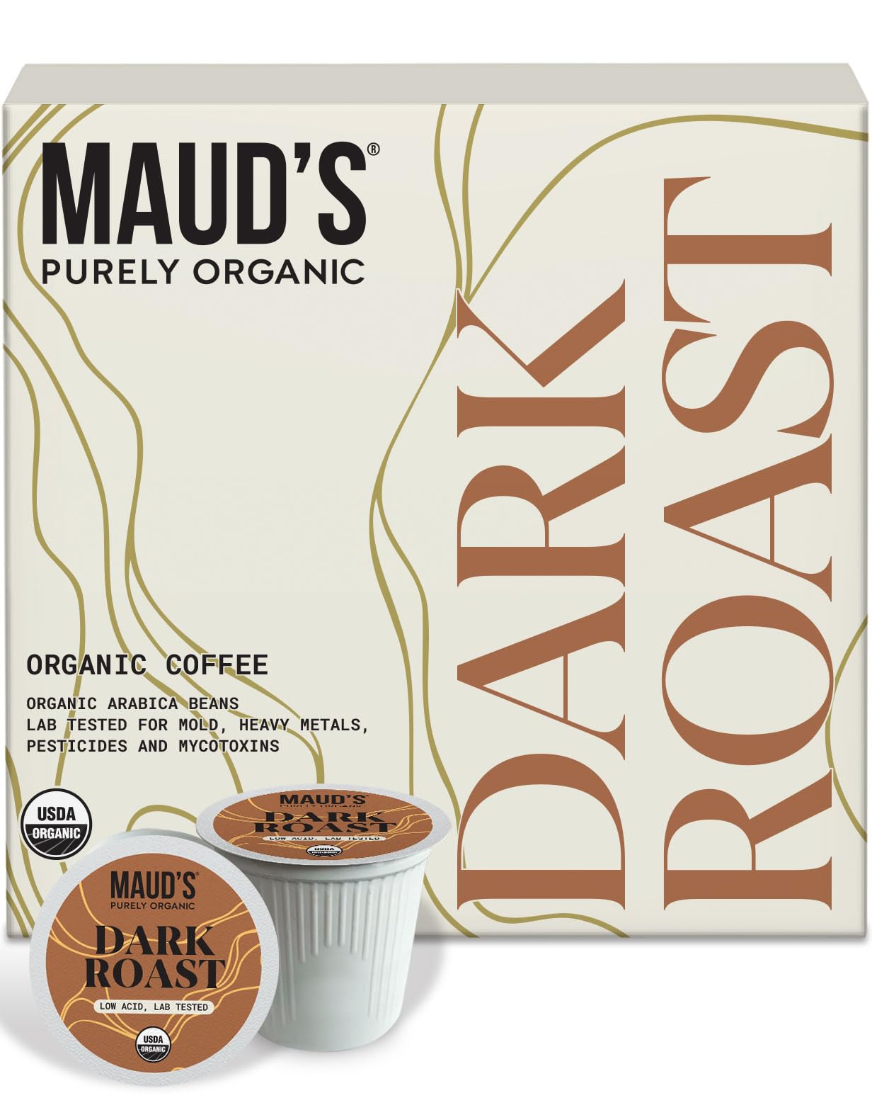 Maud's front packaging of 16-count pods showing product and organic badge, clear choice for quality