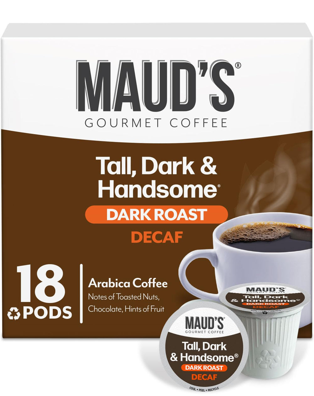 Maud's front packaging showing 18-count decaf pods and clear branding benefits convenience