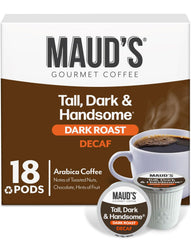 Maud's front packaging showing 18-count decaf pods and clear branding benefits convenience