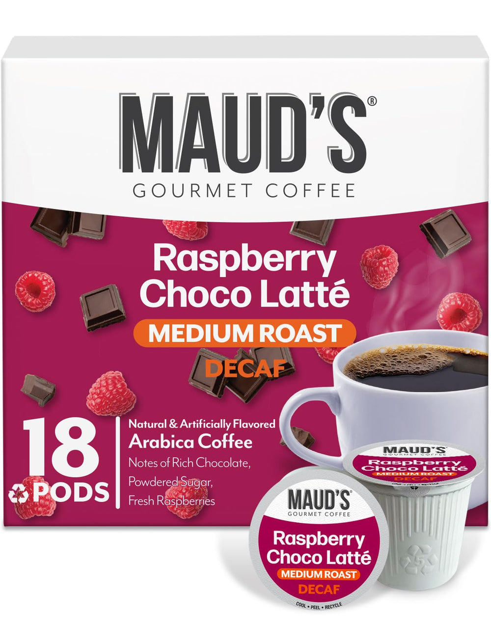 Maud’s front package view showing 18ct pods and flavored blend benefits