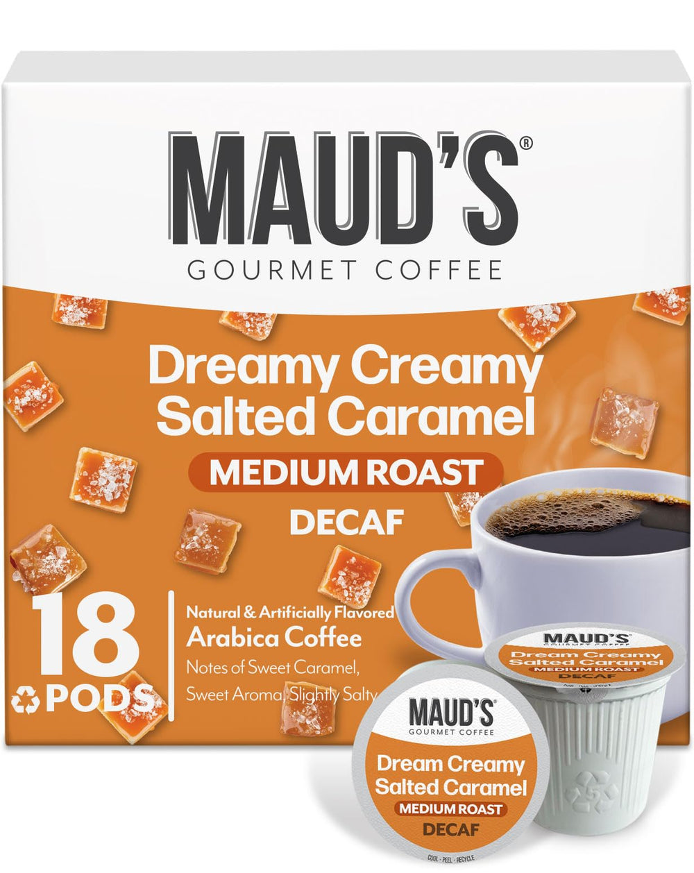 Maud’s front packaging showing 18ct box and salted caramel flavor benefit