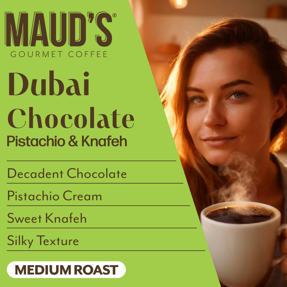 MAUD'S brewed cup displaying rich crema and chocolate-pistachio aroma benefit