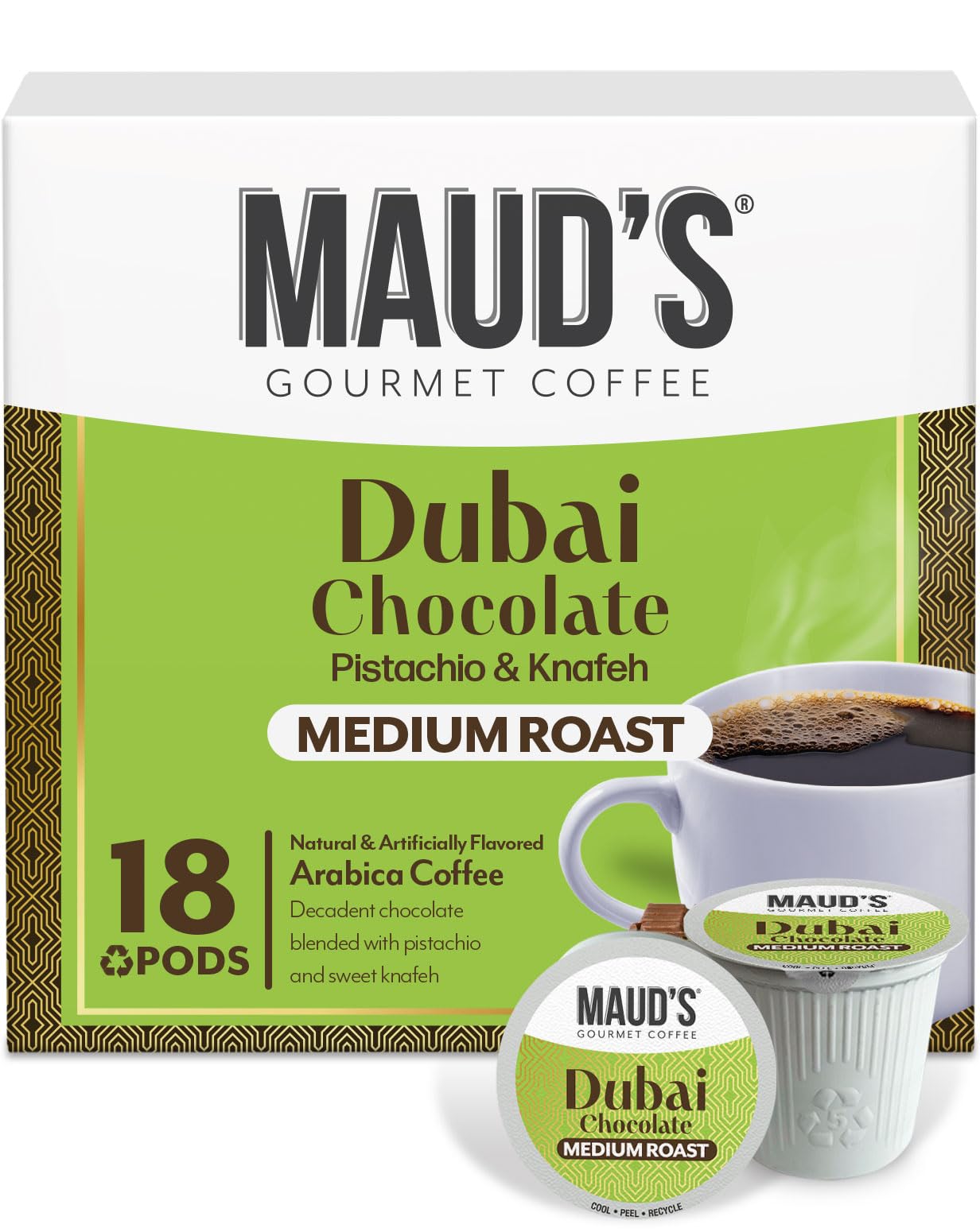 MAUD'S front packaging showing Dubai Chocolate pods, highlights premium flavor