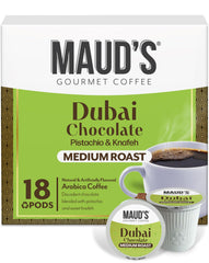 MAUD'S front packaging showing Dubai Chocolate pods, highlights premium flavor