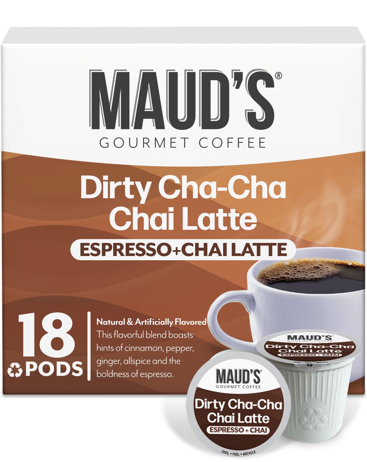 Maud's box front showing 18-count pods and gourmet chai latte branding, highlights convenience