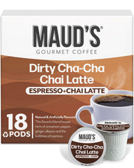 Maud's box front showing 18-count pods and gourmet chai latte branding, highlights convenience
