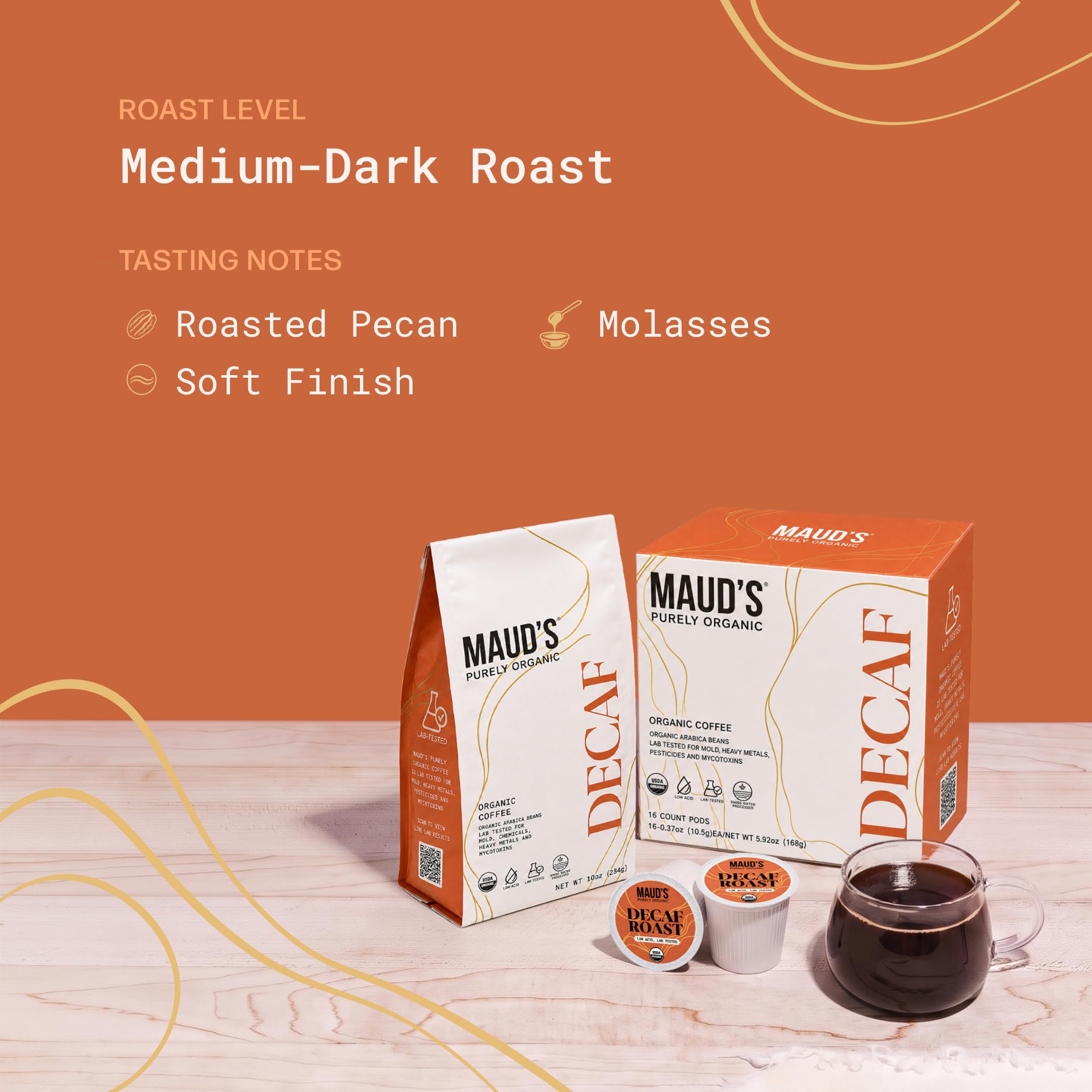 Maud's French press brew being poured for rich, smooth decaf