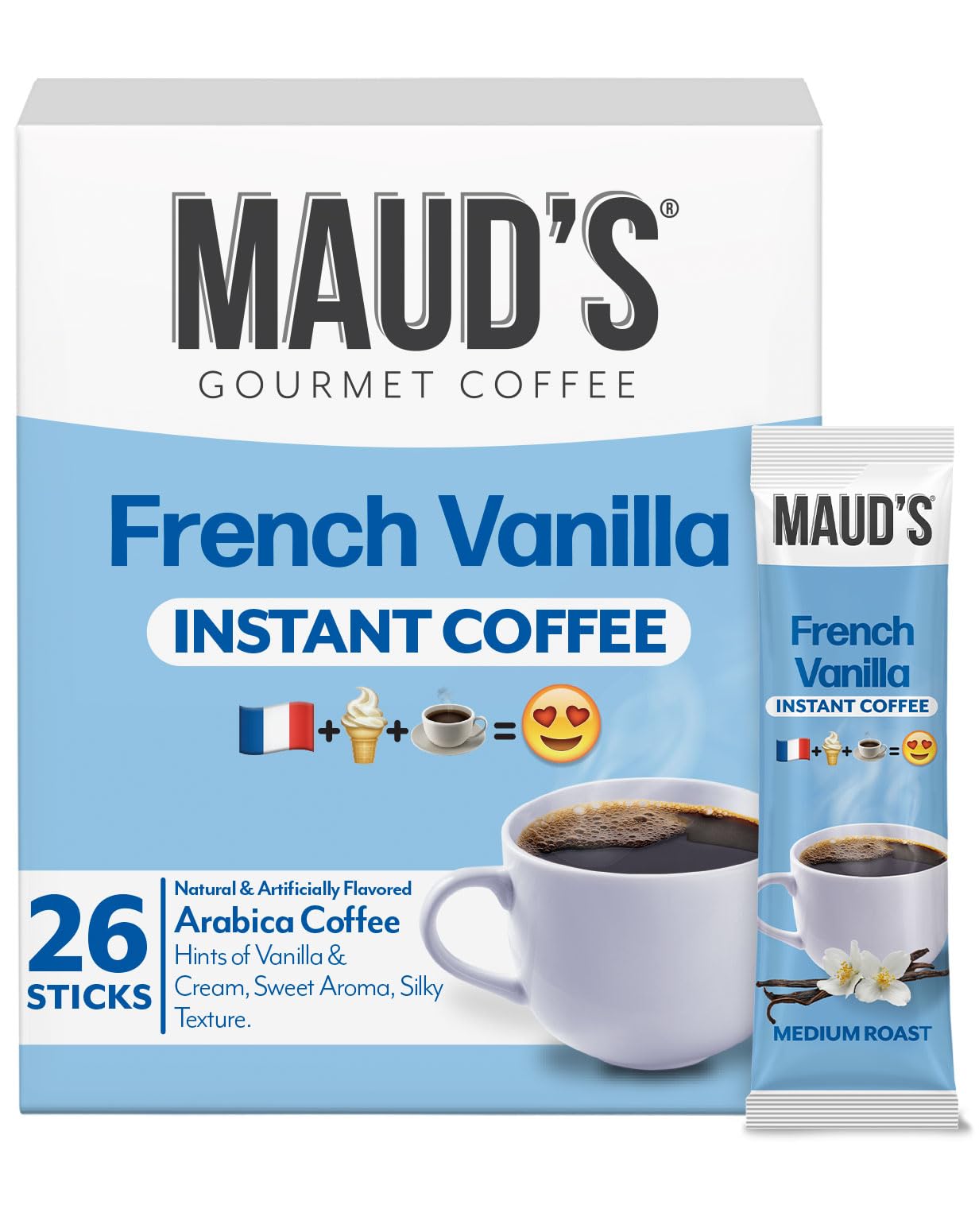 MAUD'S front packaging showing 26-count French Vanilla packets and clear branding