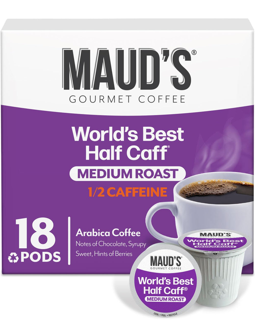 Maud's front box shot showing 18 pods and clear packaging benefit of easy storage