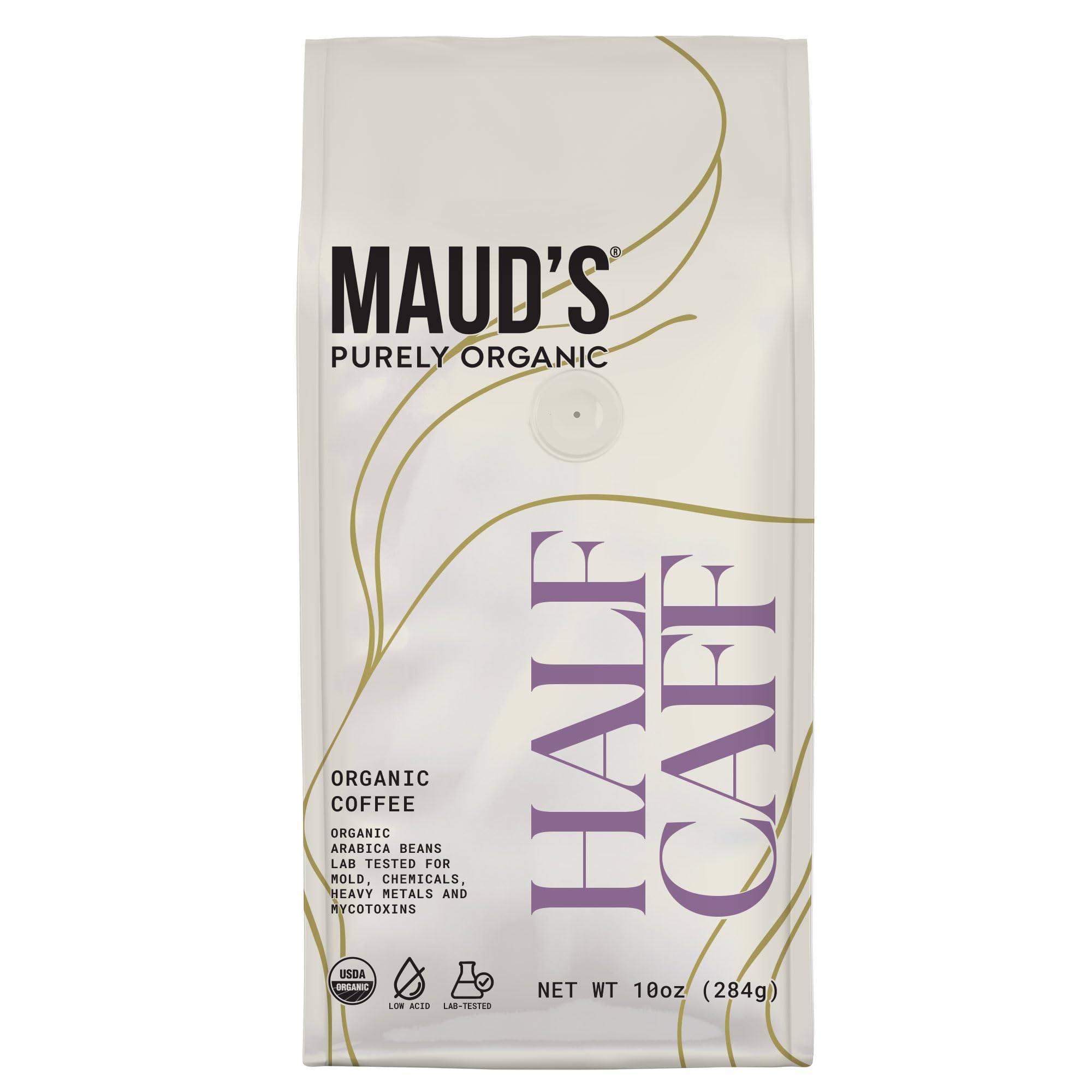 Maud's front packaging showing 10oz bag and organic badge for trustworthy flavor