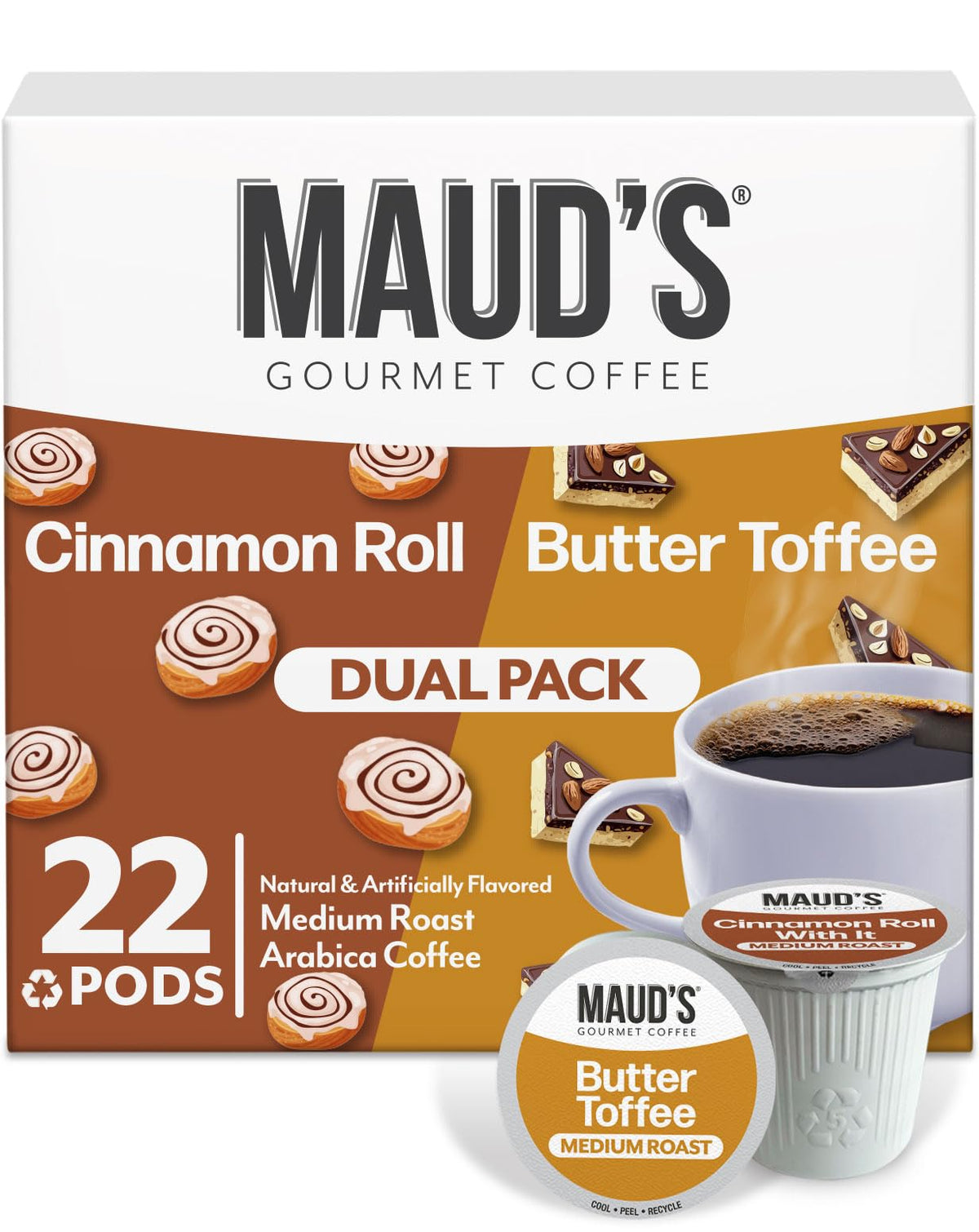 Maud's front packaging showing 22ct pods and flavor, inviting convenience