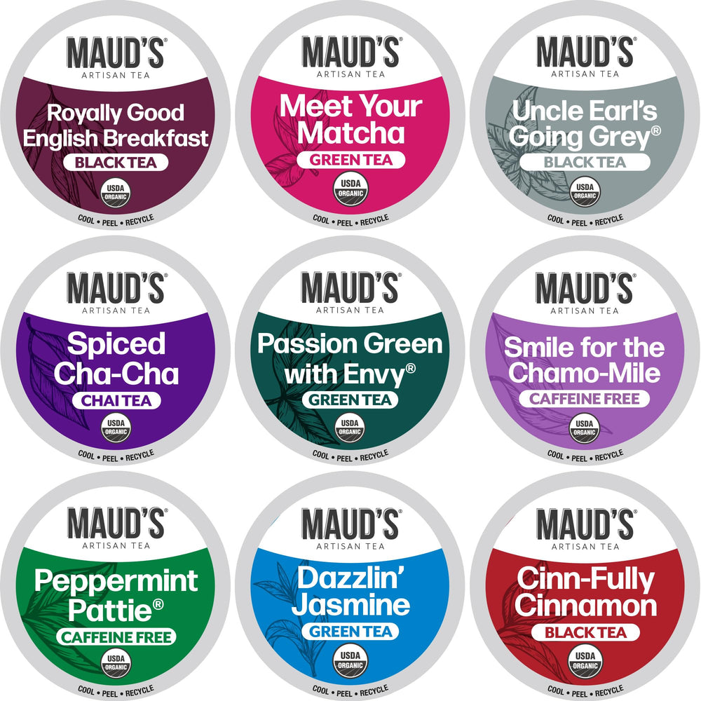 Maud's front packaging 48ct variety pack showing nine organic flavors and convenience