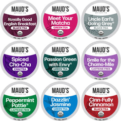 Maud's front packaging 48ct variety pack showing nine organic flavors and convenience