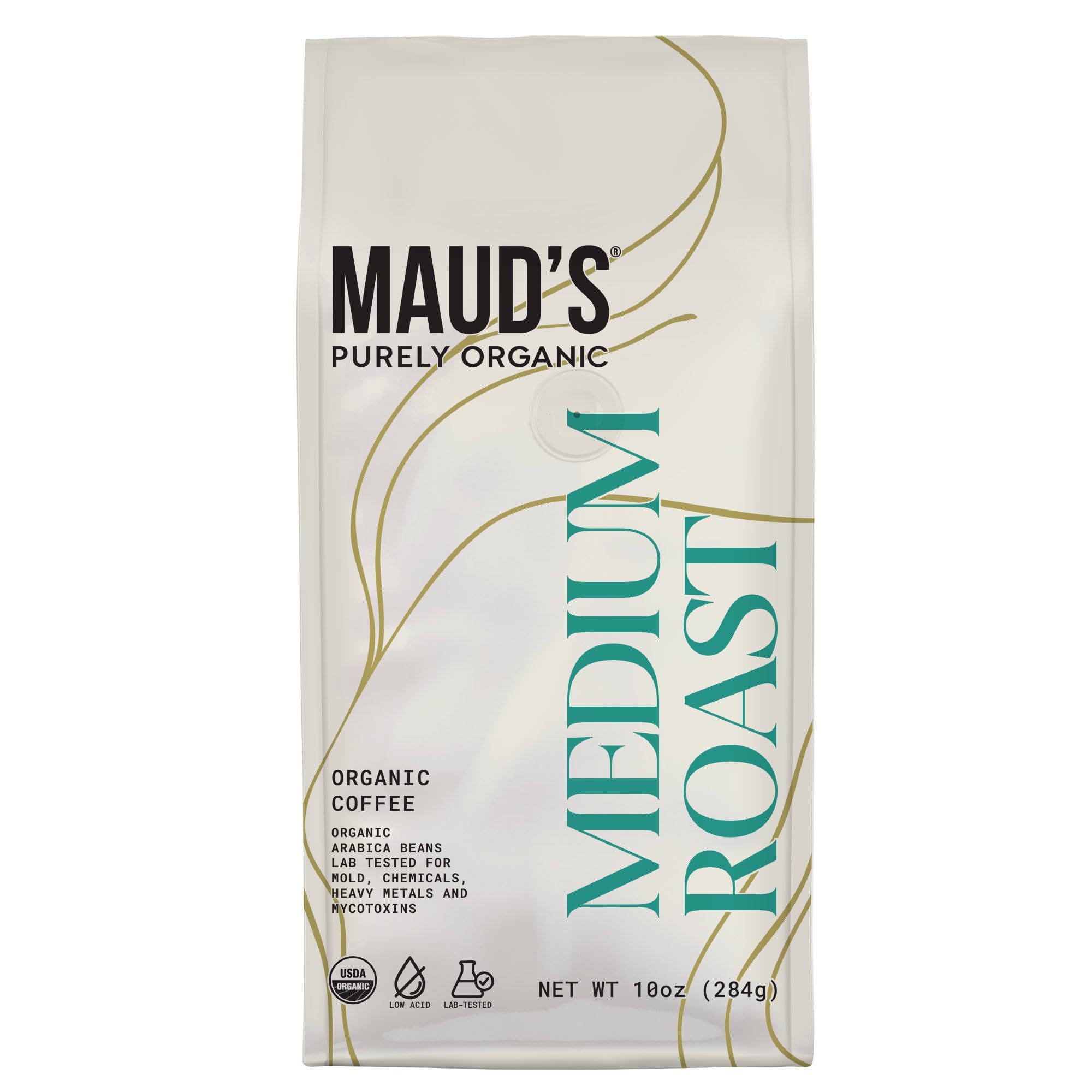 MAUD'S front packaging showing 10oz bag and organic benefits
