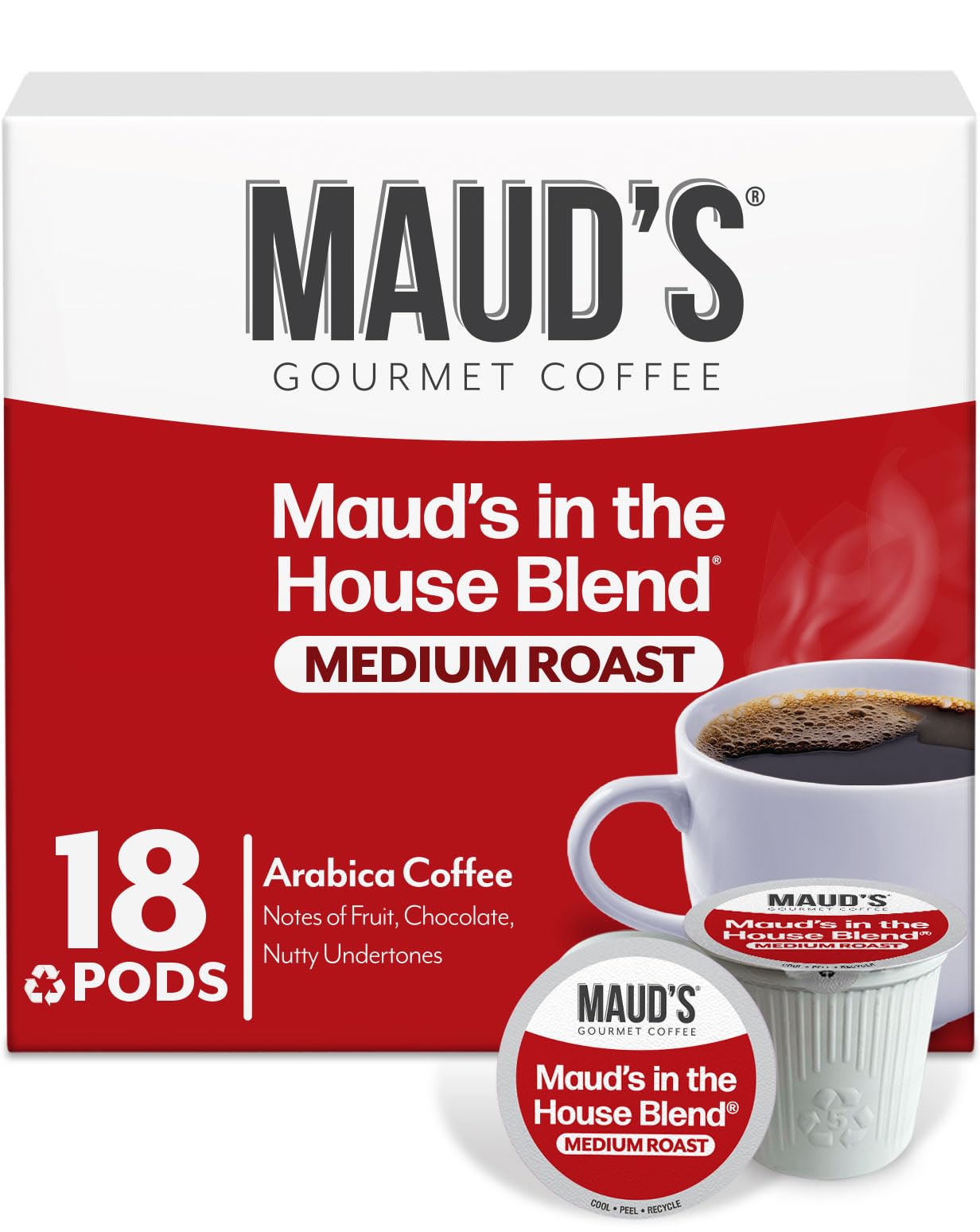 MAUD'S front packaging showing 18 pods and clear labeling for convenience