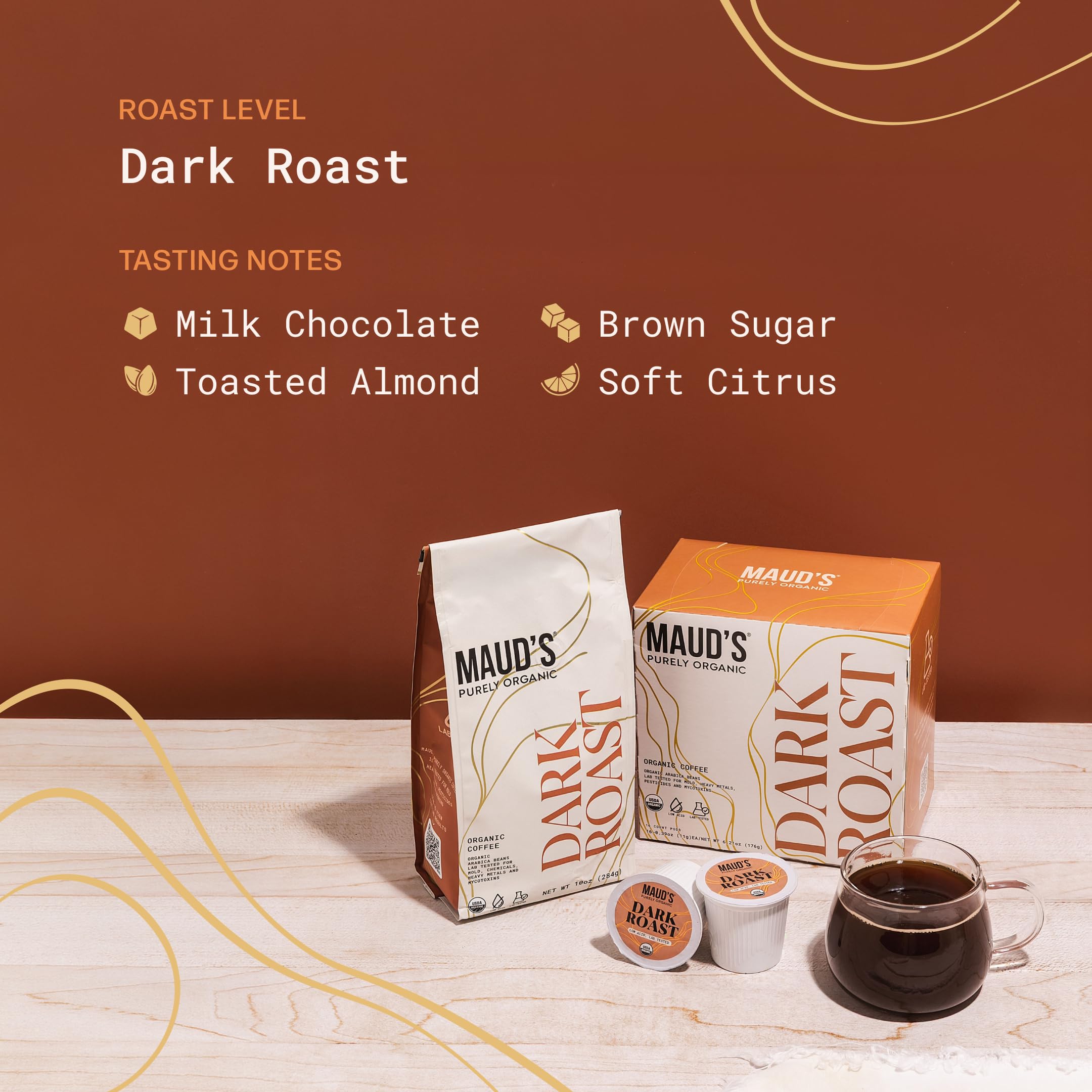 Maud's dark roast ground-beans texture close-up highlighting rich, full-bodied roast