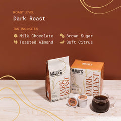 Maud's dark roast ground-beans texture close-up highlighting rich, full-bodied roast